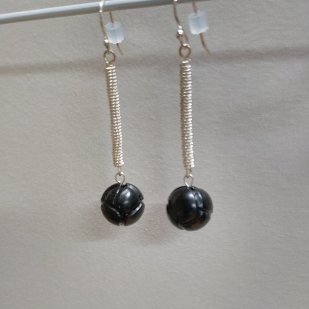 Sterling Silver & Jet Carved Knot Bead Earrings, Handcrafted